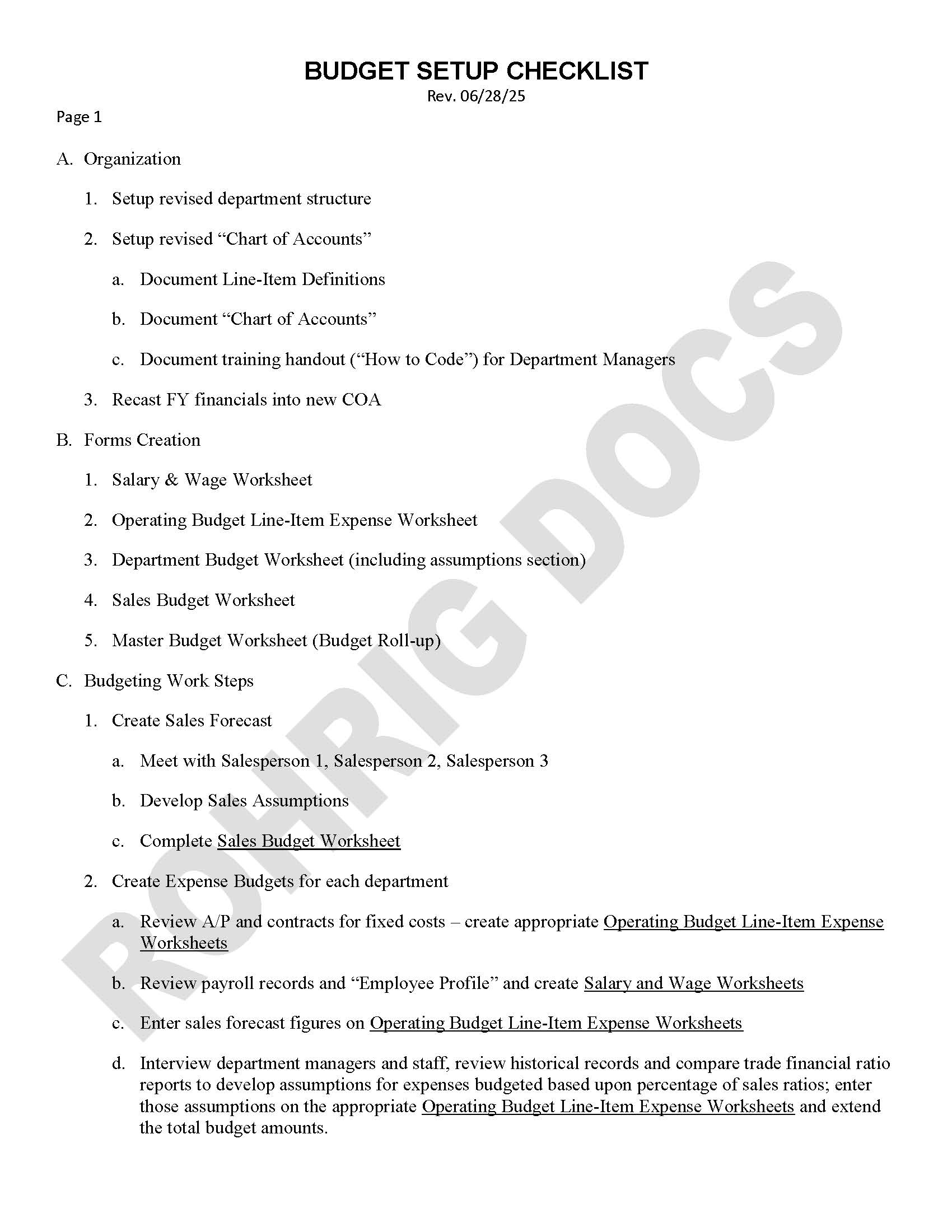 Sample of a basic checklist of tasks to perform.